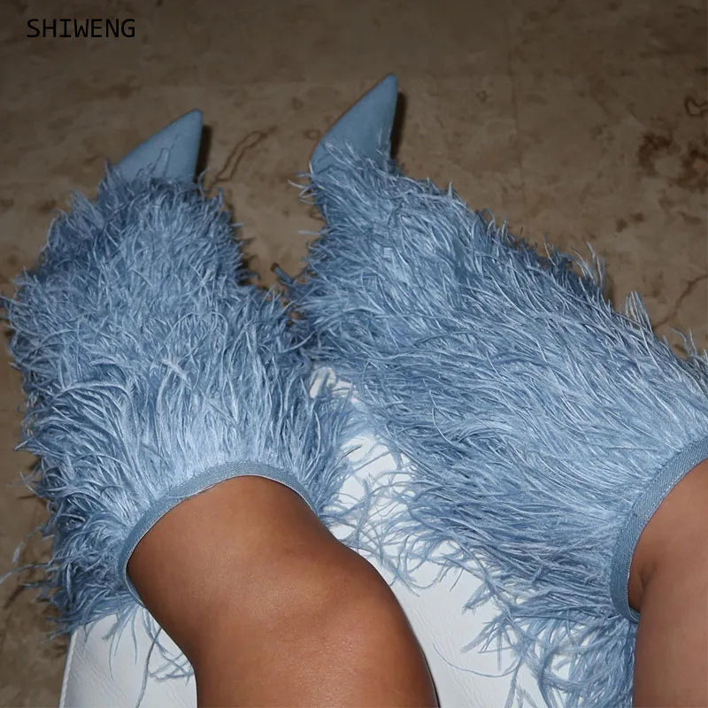 2025 Women Fur Over The Knee Boots Sexy Pointed Toe Thin Heel Accept Customized New  Fashion Women Runway Boots 44 44