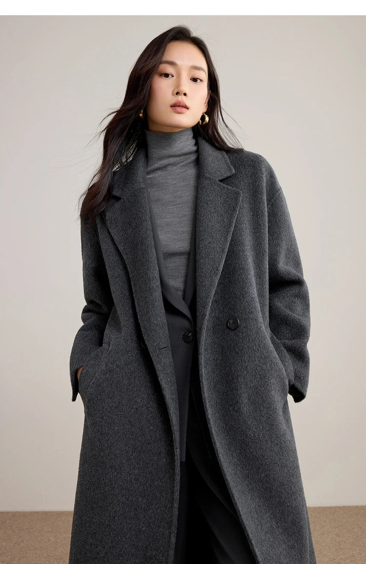 SENTUBILA Women's 100% Wool Double-Faced Coat Winter 2025 Suit Lapel Collar Classic Commuter Style Long Overcoat W54OA8779