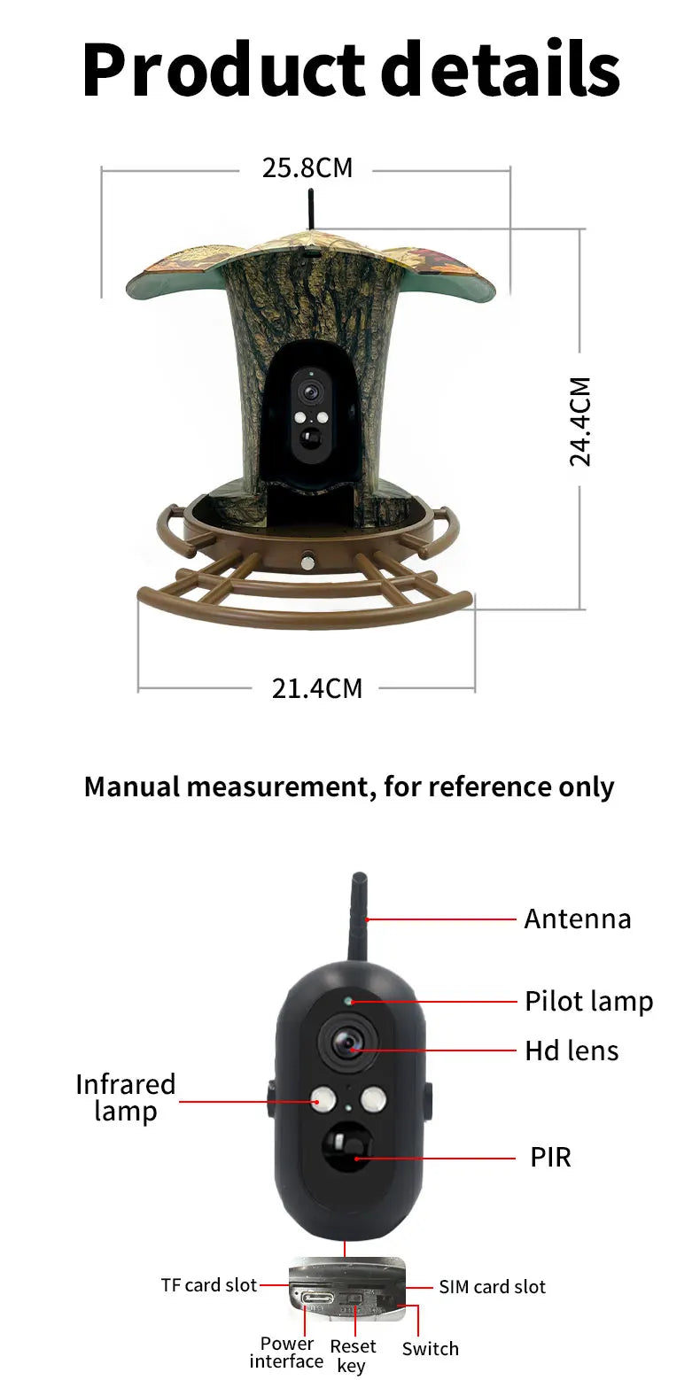 3MP 1296P I-Cam+ APP  Bird Feeding  Solar Battery  Power  IP Camera AI Outdoor Watch Bird Feeder Long Time Standby CCTV Monitor