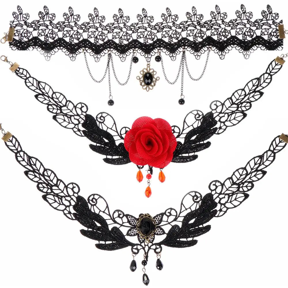 Sexy Neck Chain Steampunk Style Collar Chocker Gemstone Pendant Black Lace Gothic Necklace