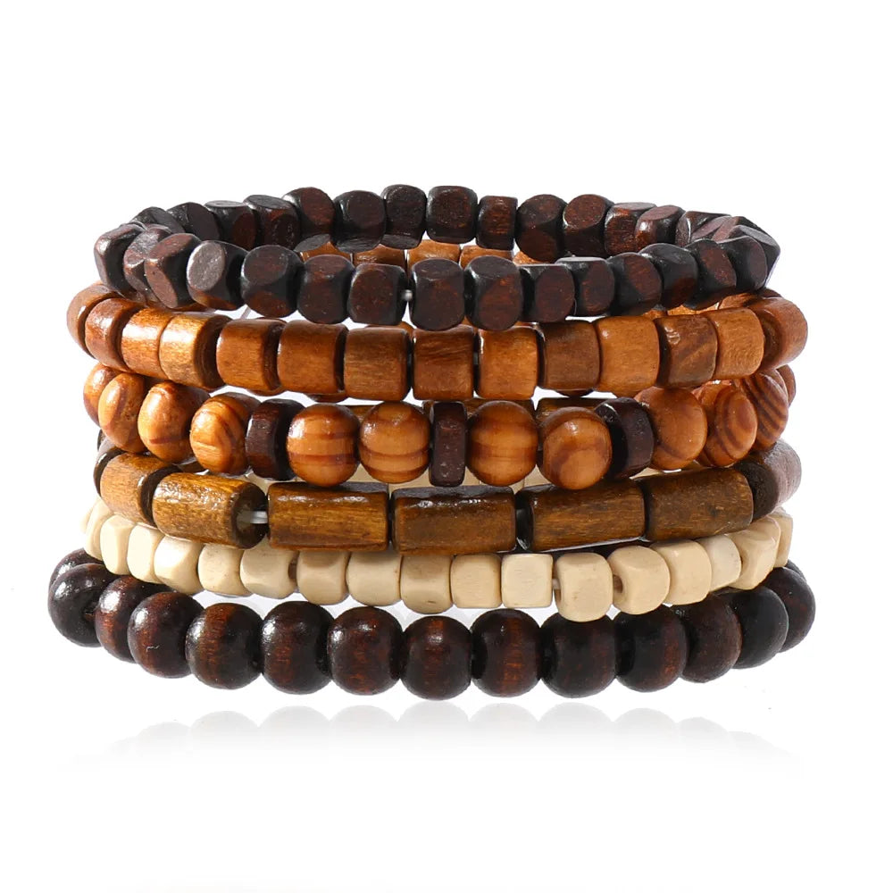 Men Retro Folk Style Jewelry Design Diverse Multi-color Multi-layer Suit Wooden Beads Elastic Bracelet  Jewelry For Men
