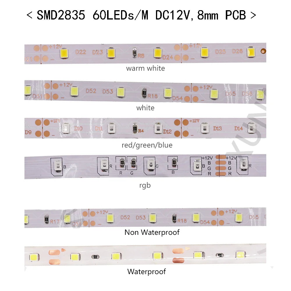 LED Strip 5050 2835 Flexible Home Decoration Lighting 60LEDs/m RGB Waterproof LED Tape Cold Warm White/Blue/Green/Red 5m/lot 12V