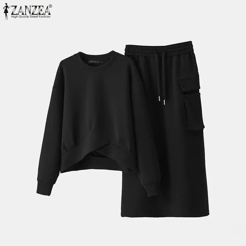 Autumn 2pcs Outfits Winter Stylish Women Sweatshirts Dress Sets 2025 ZANZEA Solid Matching Sets Long Sleeve Hoodies Sundress