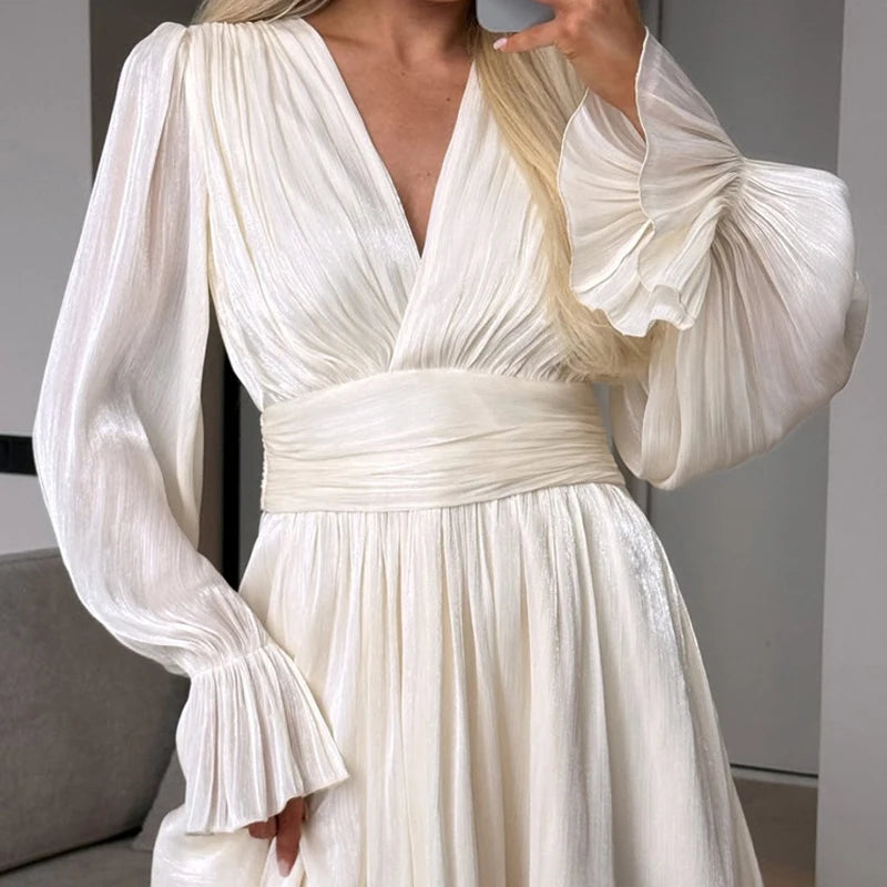 Ladies Elegant Silk Party Dresses Autumn Fashion V Neck High Waisted Bridesmaid Dress Flared Sleeves Loose Pleated Short Dress