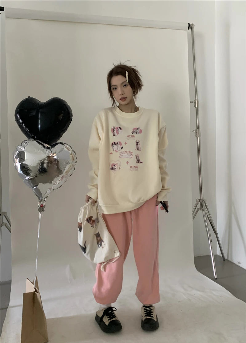 KOSAHIKI Cute Hoodies Women Letter Dog Print Sudaderas Mujer O-neck Sweatshirt Harajuku Streetwear Y2k Pullover Moletom Feminino