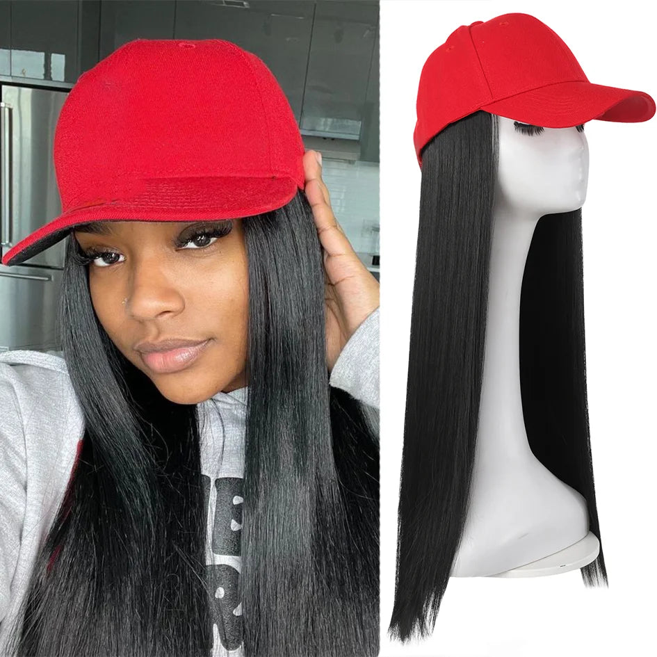 Hat Wigs-synthetic 22inch red baseball cap straight hair wig ducktail long straight hair wig hat extensions wigs christmas hat