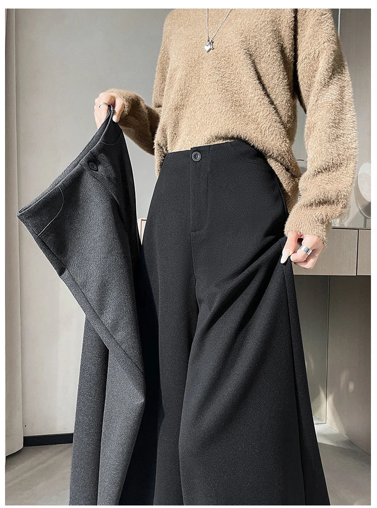 High Quality Woolen Suit Wide-leg Pants Women Fall Winter High-waisted Loose Trouser Female Chic Solid Thick Outwear Bottoms New