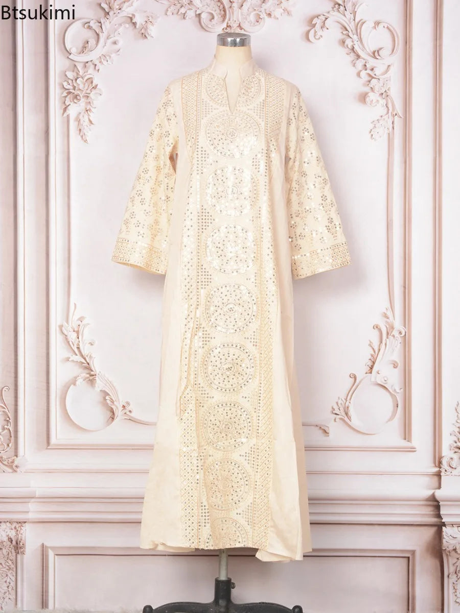 Women Elegant Dresses Eid Muslim Sequins Maxi Dress Jalabiya Morocco Party Robe Evening Dresses Dubai Abaya Kaftan Arab Vestidos