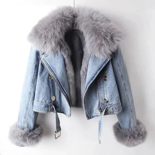Winter Denim Jacket With Women's Fleece Warm Cowboy Coat New Detachable Imitation Fox Rabbit Fur Inner liner Short Denim Jacket