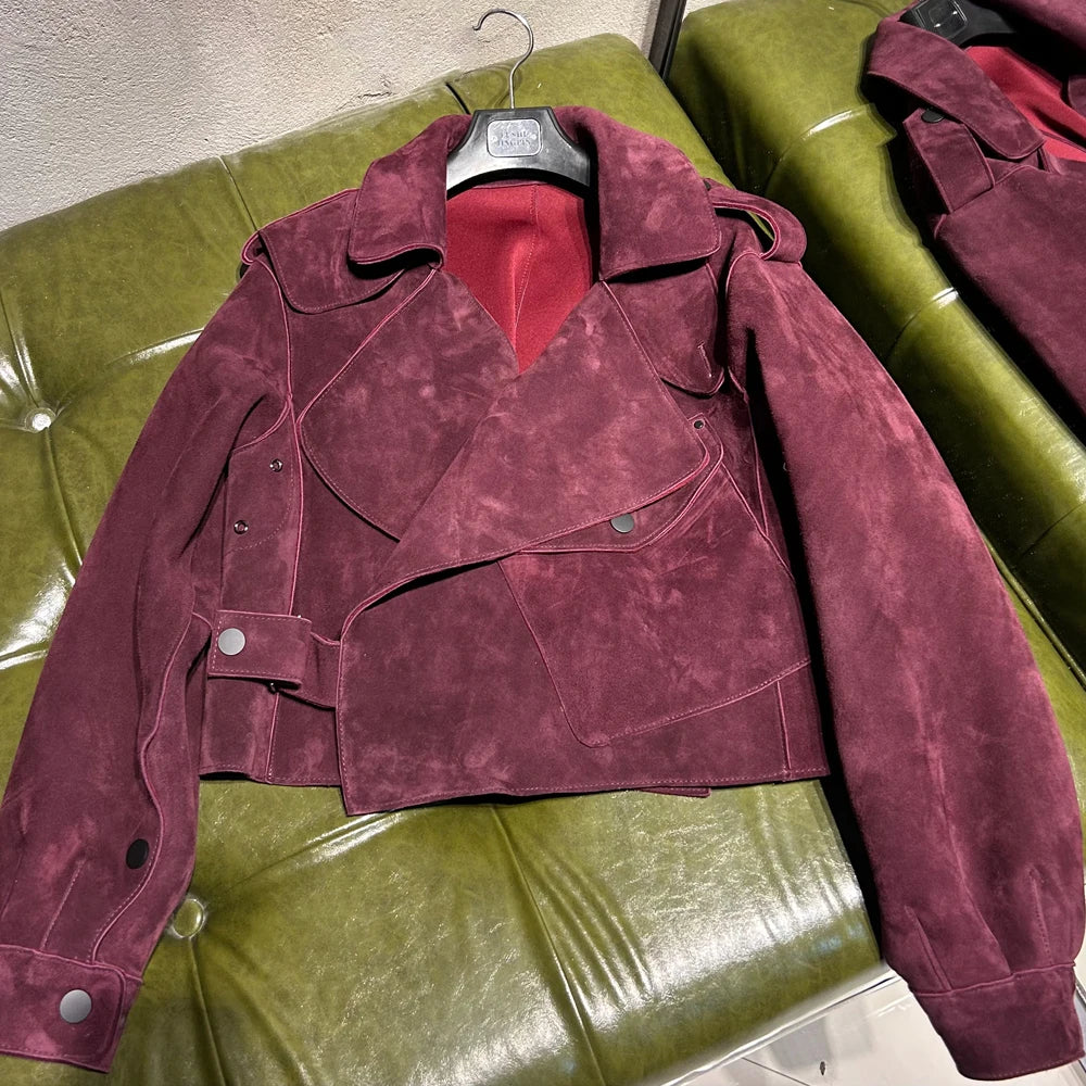 Oversized Brown Suede Women Jacket Real Sheepskin Leather Coat 2026 Loose Outwear