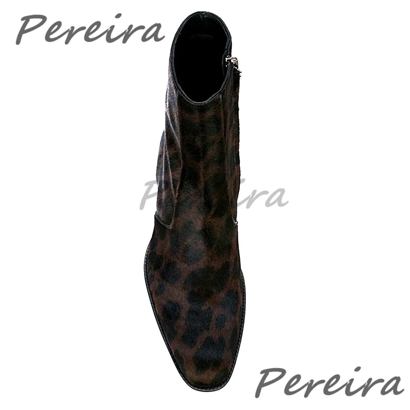 Leopard Horse Hair Chelsea Boots for Men Retro Genuine Leather Zipper Med Heel Ankle Boots Autumn Winter Trend High Top Shoes