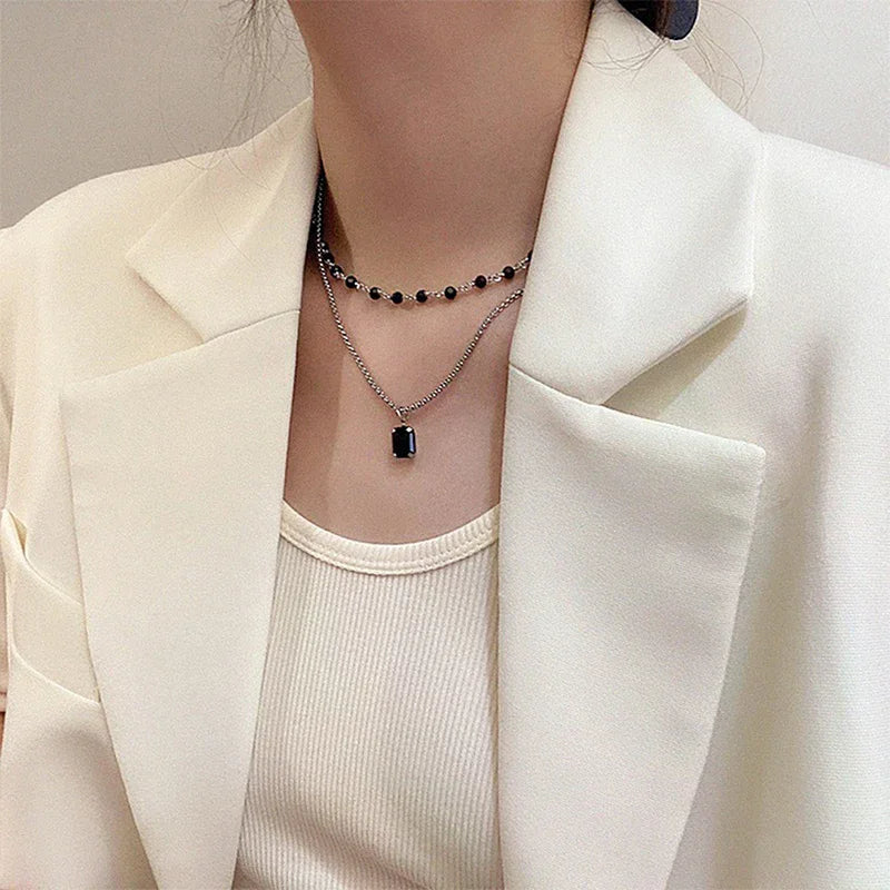 Women Choker Necklace Double Layer Beads Necklace Gift for Friend Silver Color Geometric Necklace Wholesale Collar Jewelry