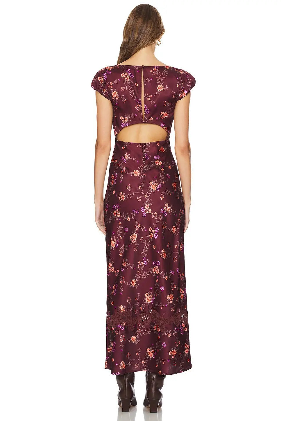 Luxurious Silk Satin Long Dress Elegant Puff Sleeve Polka Dot Floral Gown Sexy Open Back Midi Dresses for Evening Cocktail