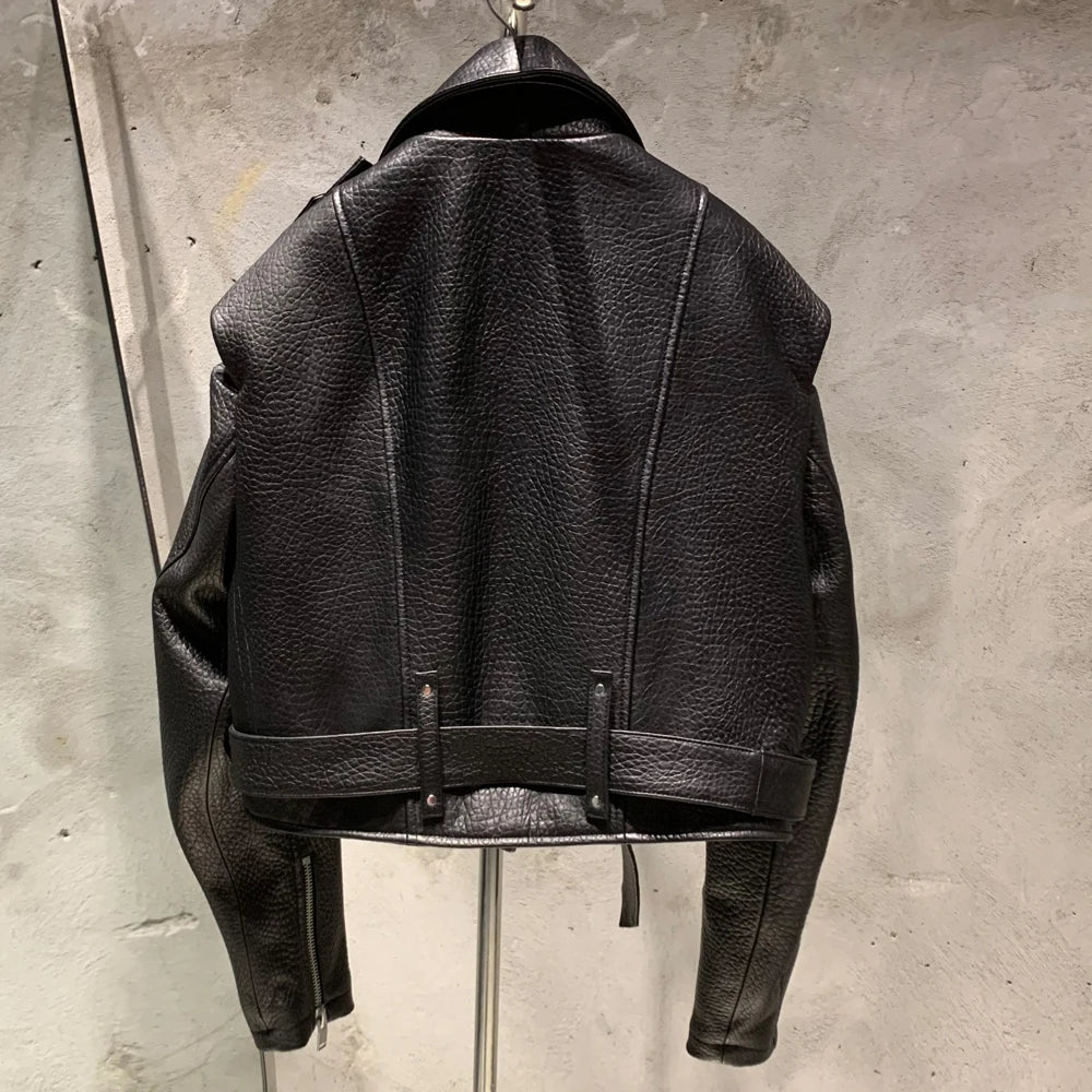 Black Texture Leather Jacket Biker Leather Jacket Ladies Real Sheepskin Coat N15