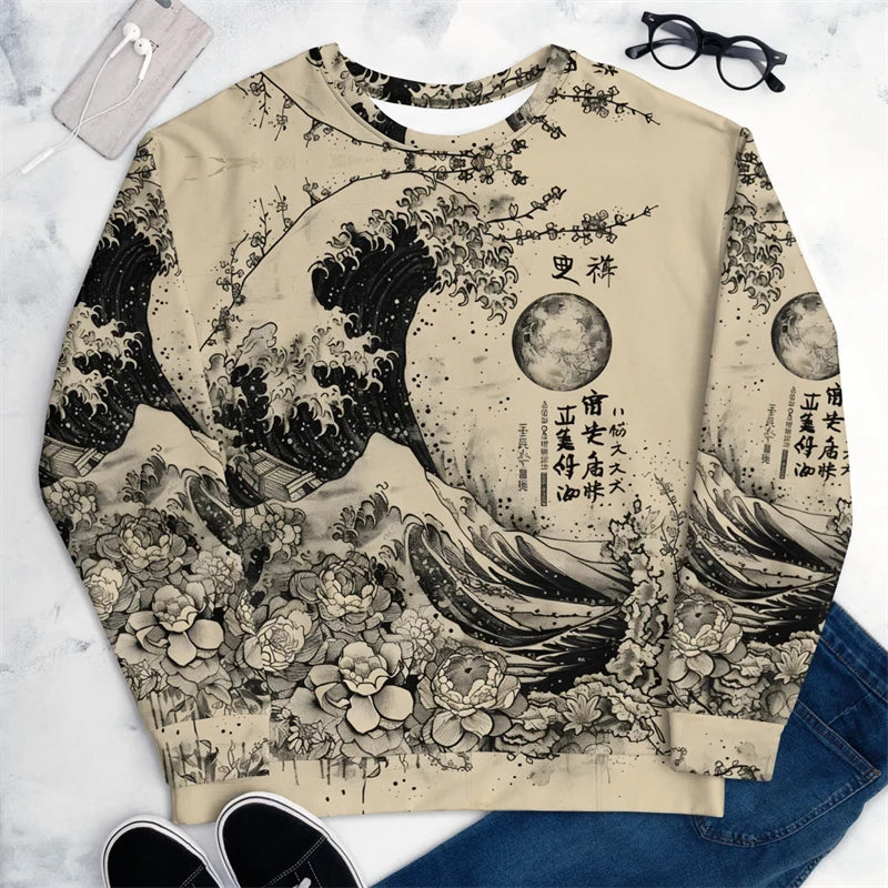 Pullover Sweatshirt For Men Japanese Style Graffiti 3D Printed Long Sleeve Tops Oversized Street Hip Hop O-Neck Casual Hoodies