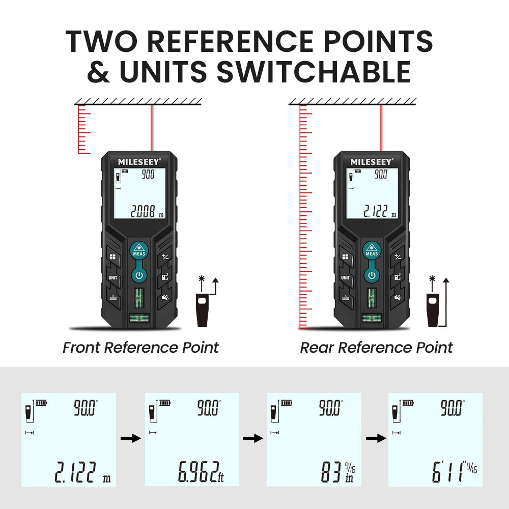 Mileseey D2 Laser Distance Meter,40m/120m Rangefinder,Rechargeable Angle Optional, Ft/M Unit, With Leveling Bubble Measure Tools