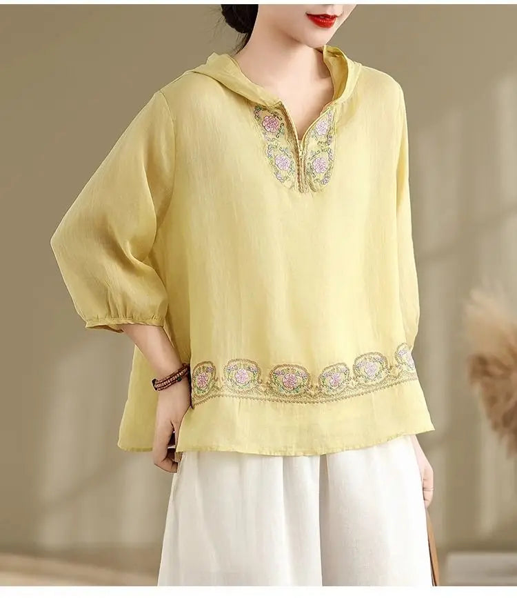 Summer New Embroidered T-shirt Casual Versatile Seven Sleeve Temperament Hoodie Lightweight Hoodie Top for Women