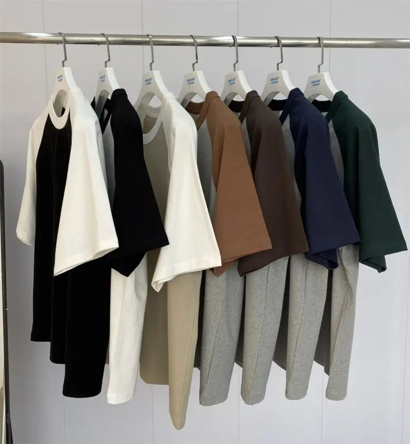 Mens 100% Heavy Cotton T-Shirt 300gsm Oversized Casual Stitching Color Tee Round Neck Loose Fit Knitted Tops Fashion Streetwear