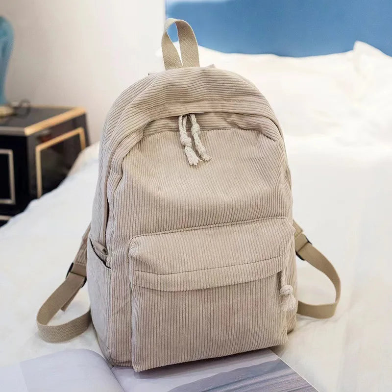 Corduroy Backpack, Academy Fashion School Bags for Middle/High School & College, Cute Tassel Detail, Versatile Casual Daily Bag