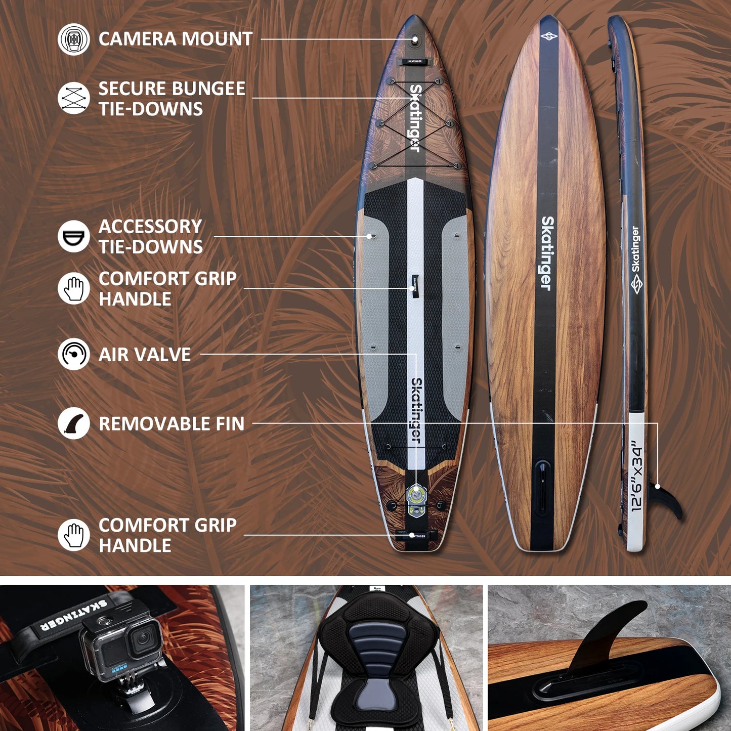SKATINGER 12'6''x34''x6'' Inflatable Paddle Board for Adults Waterproof Standing Style SUP Board with Accessories for Aquatic