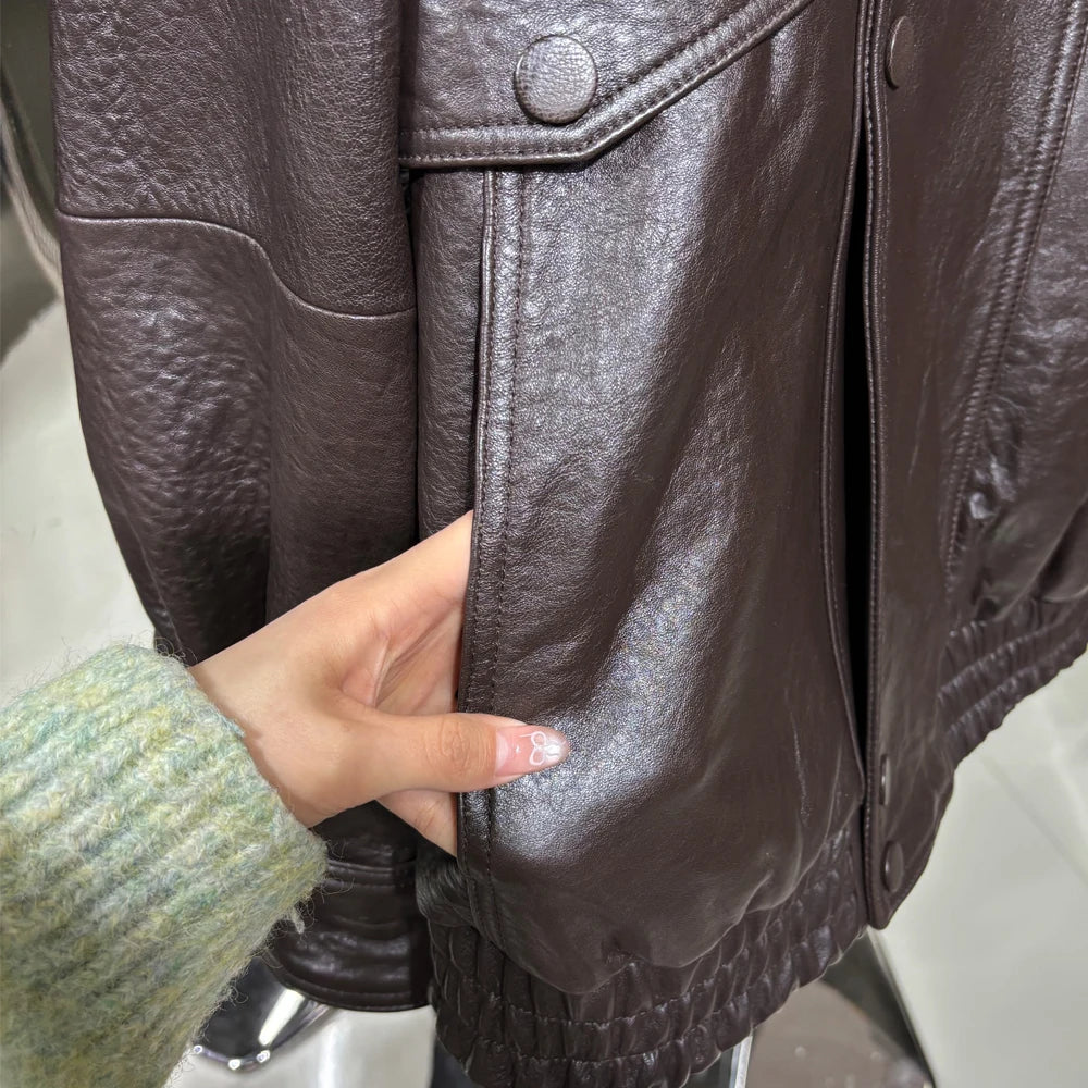 2025 Black Grained Leather Jacket Oversized Leather Coat Stand Collar Real Sheepskin Coat