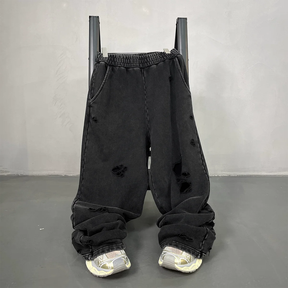 2025 Autumn/Winter Acid Wash Sweat Pants Athletic Joggers Hip Hop Raw Edges Cut Crush Distressed Frayed Wide Leg Sweatpants