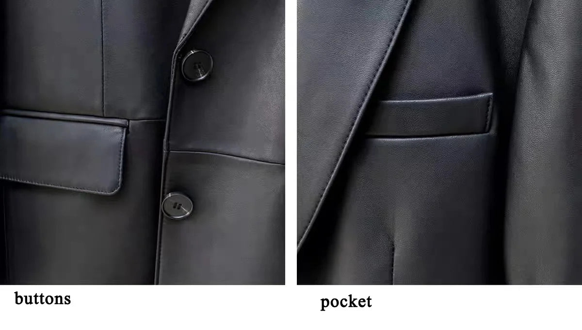 European American Streetwear Leather Jacket For Women Chic Loose Fit Suit Coat Female Flip Pocket Two Bottons White Blazer Mujer
