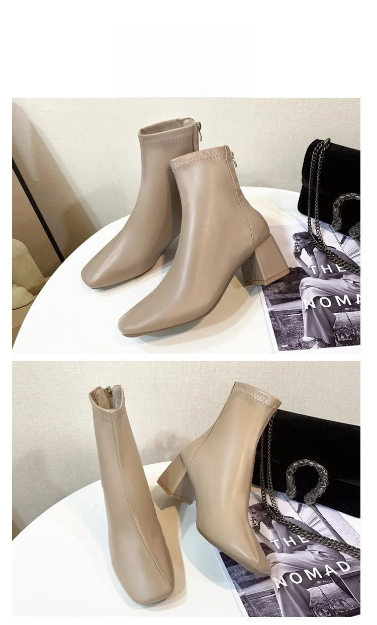 Ladies Bla High Heel ort Boots Spring Autumn Briti Sle Square Head  Boots Faionable Waterproof PU Leather