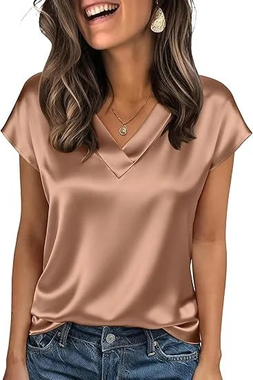 Women's Summer New T-shirt Casual V-Neck Short Sleeve Blouse Business Casual Tops Satins Silk Summer Shirt Work Solid Color Tops