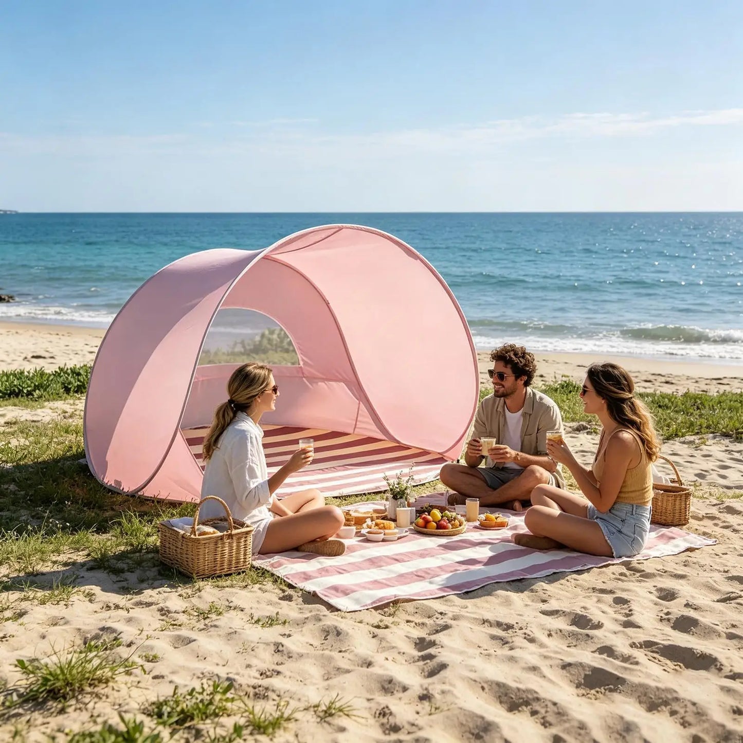 Reusable Beach Sun Shelter Tent One Click Open 3-4 People Tent Large Space Sunshade Outdoor Portable Camping Garden Beach Tent