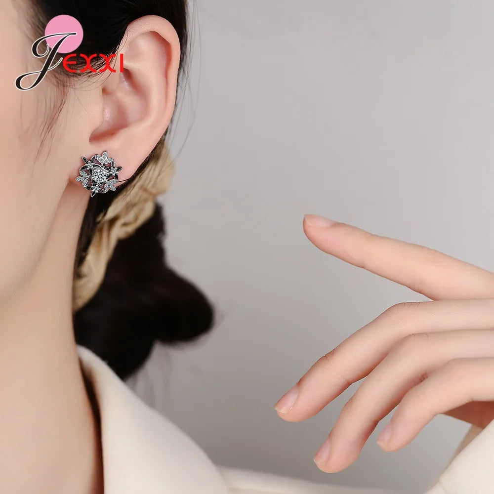 Sterling silver 925  Jewlery   New Cute Delicate Silver Plated Snowflake Stud Earrings For Women Shine CZ Stone