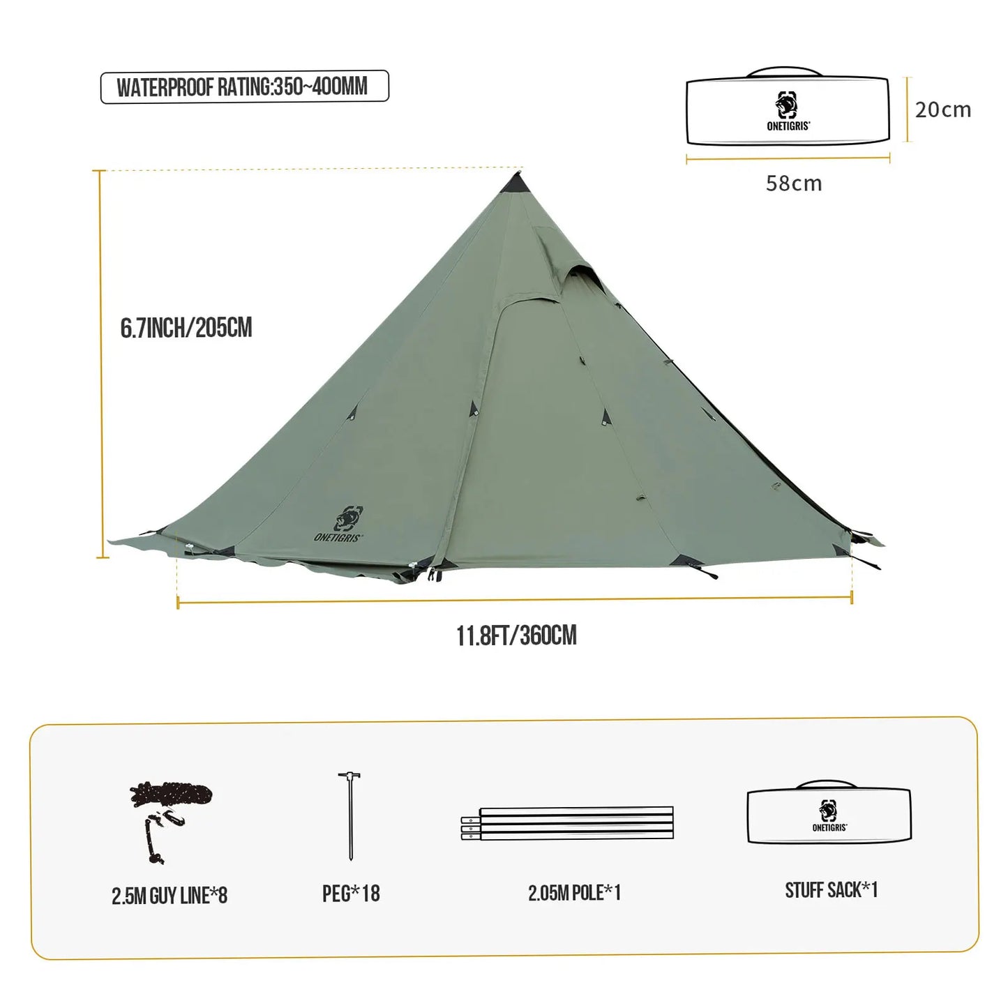 OneTigris Northgaze TC Chimney Tent Terylene Cotton Outdoor Teepee Hot Tent for Adventurers Hiking Camping 3 Season Tent