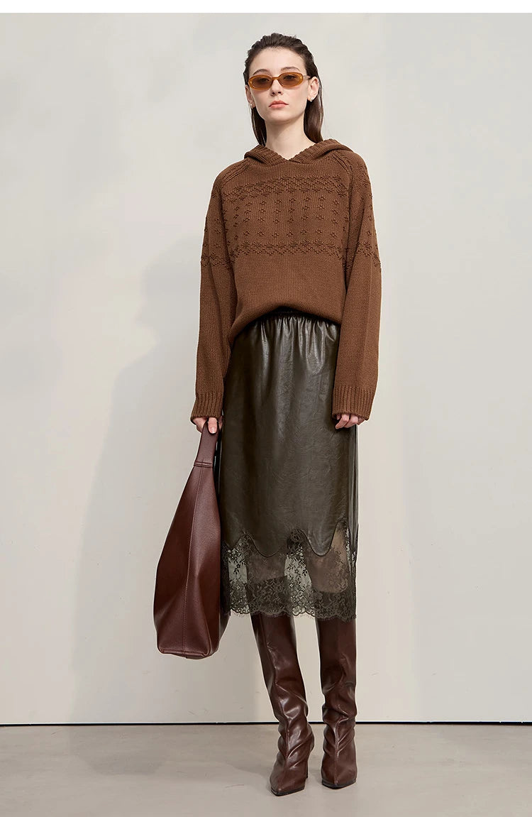 AMII Women's Skirt 2025 Autumn New Minimalist Versatile Clothing Ladies Leather Splicing Lace Solid A-line Midi Skirt 12543095