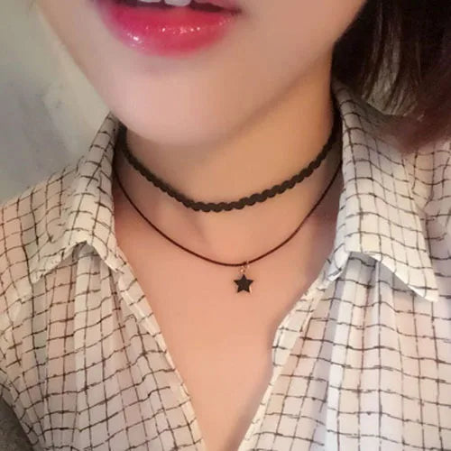 Black Minimalist Choker Necklace with Pendant Women's Fashionable Trend Accessory Lace-Up Necklace