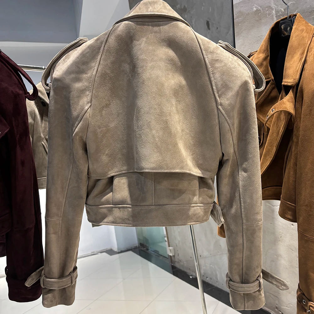 YOLOAgain Wide Shoulder Real Leather Jacket Women Oversized Genuine Leather Cropped Jacket