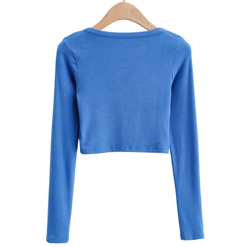 Summer Sexy Women Crop Tops Long Sleeve Tee Shirt Clubwear Buttons Solid T Shirt Women Black White Slim Tops