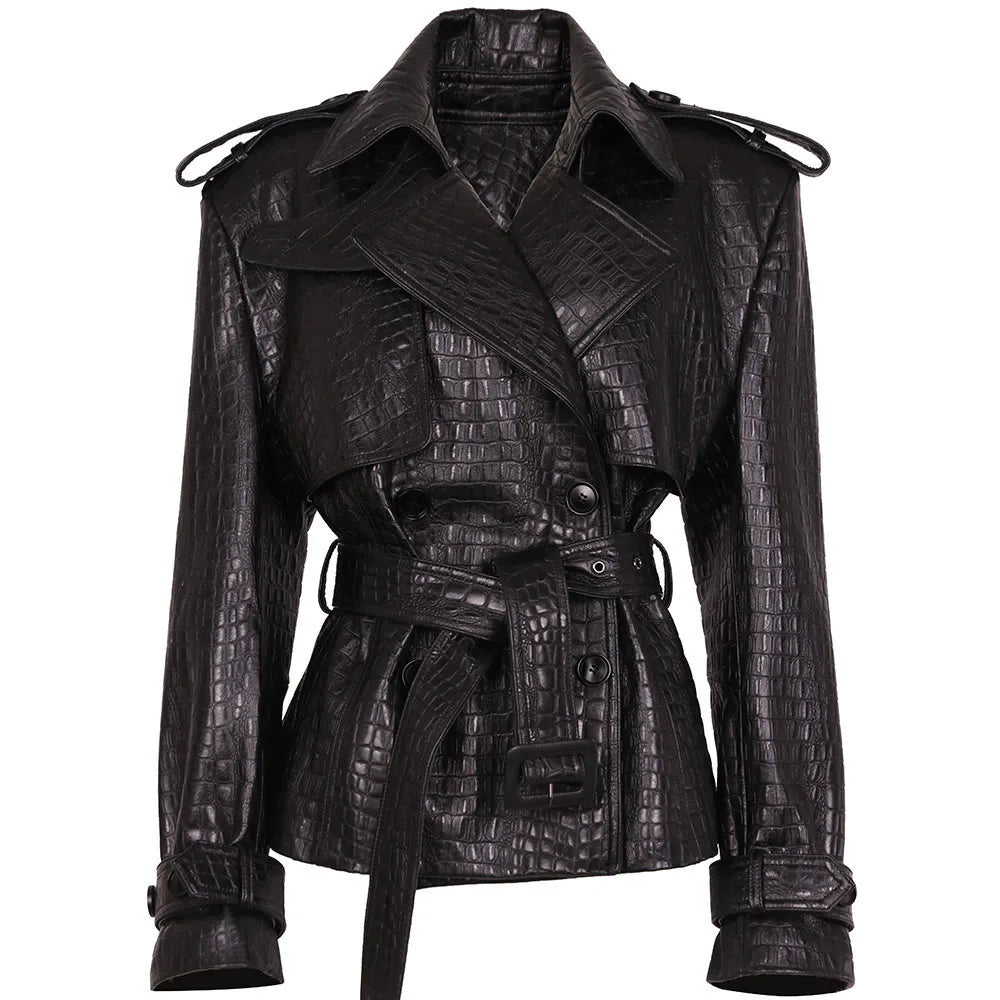 YOLOAgain Black Real Leather Jacket Women Genuine Leather Coat With Belt
