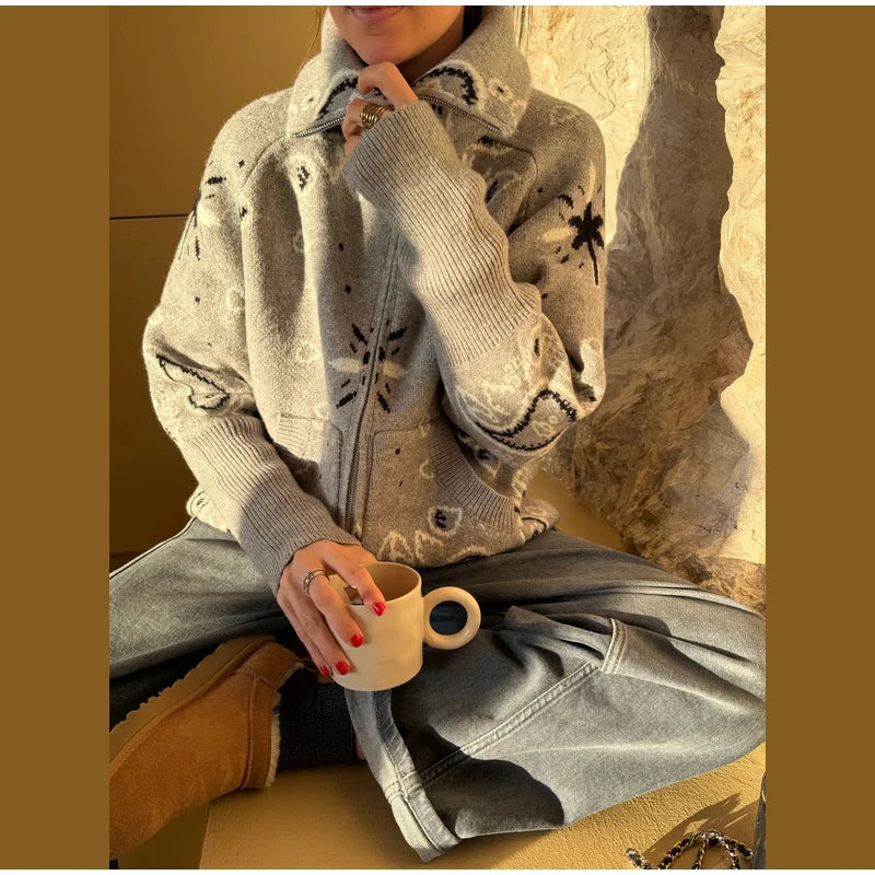 Jacquard Knitted Women's Cardigan Sweater Fashion Zipper Loose Pocket Casual Lady Sweaters 2026 Spring Street Long Sleeve Top