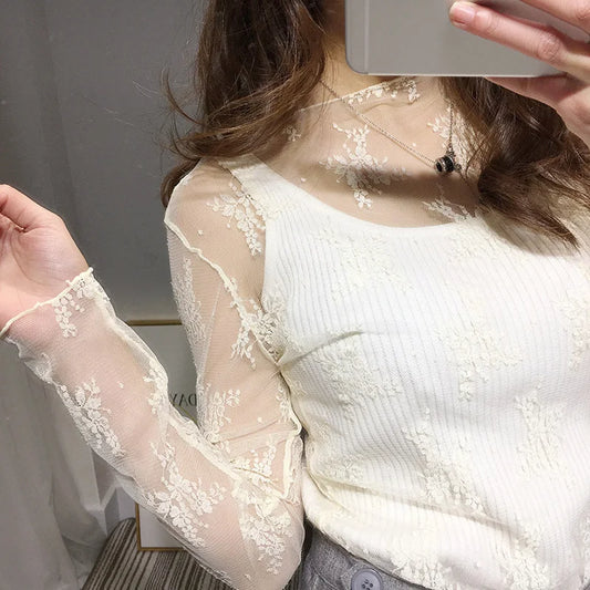 Summer Women Lace Floral Embroidery Blouses  Ladies Tops Sexy Mesh Blouses Transparent Elegant Long Sleeves See-through Shirt
