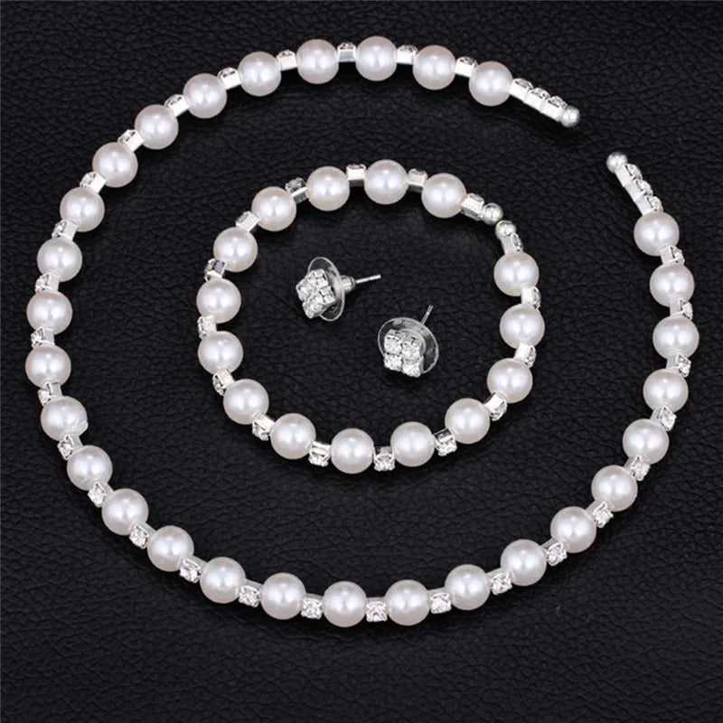 1 set Pearl Crystal Bridesmaid Wedding Jewellery Set Necklace Bracelet Earrings