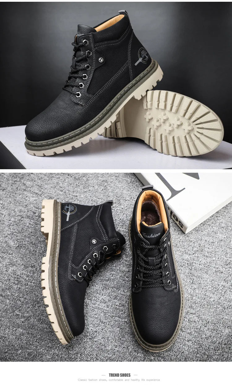 Men's High-Top British Style Motorcycle Boots Durable Cowboy Ankle Shoes Rugged Casual Non-Slip Leather Outdoor Work Footwear