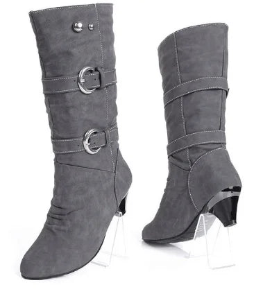 2026 New Fashion Women Boots Chunky Heeled Casual Round Toe Woman Shoes Autumn Winter Mid-Calf Boots Women with Buckle  WSH3476
