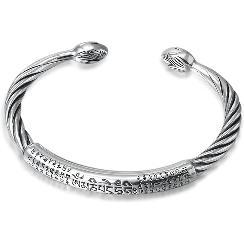 Sterling Silver Personality Retro Six-Character Mantra Leather Bracelet Fashion Woven Men's Bracelet