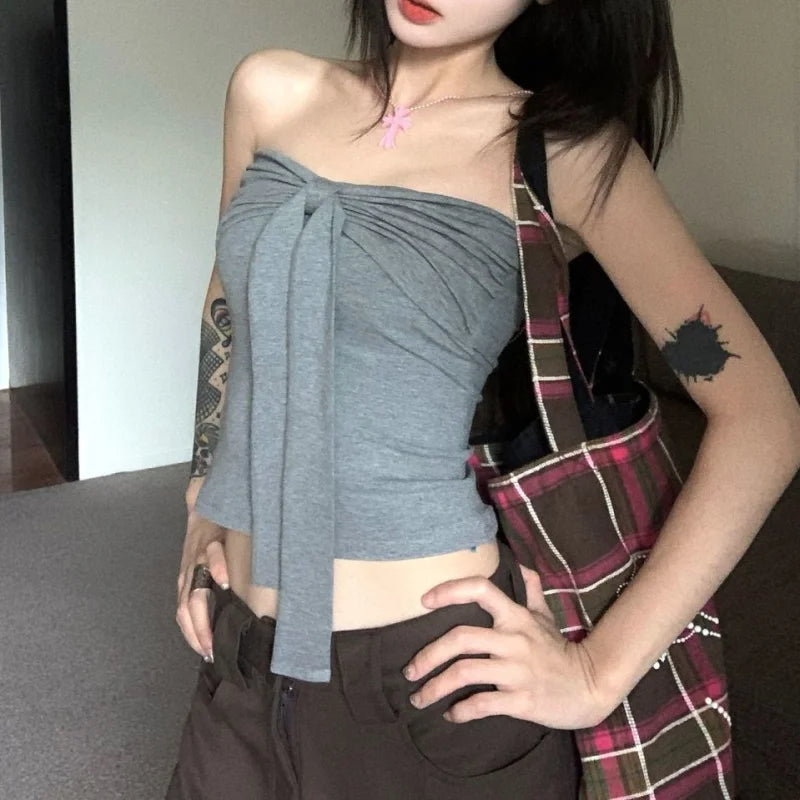 Sleeveless Top For Women Summer Slim Bow Crop Top Sexy Skinny Tube Tops Fashion Clothing Streetwear Girl