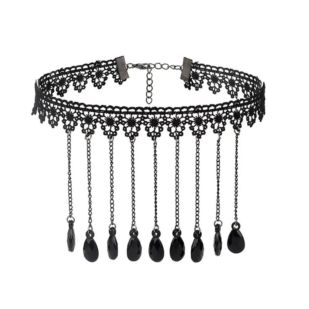Sexy Neck Chain Steampunk Style Collar Chocker Gemstone Pendant Black Lace Gothic Necklace
