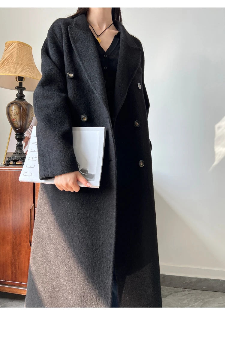 Office Lady Woolen Jackets 2024 Autumn And Winter Suit Collar Double Breasted Warmer Yak Hair Loose Long Women's Wool Coats