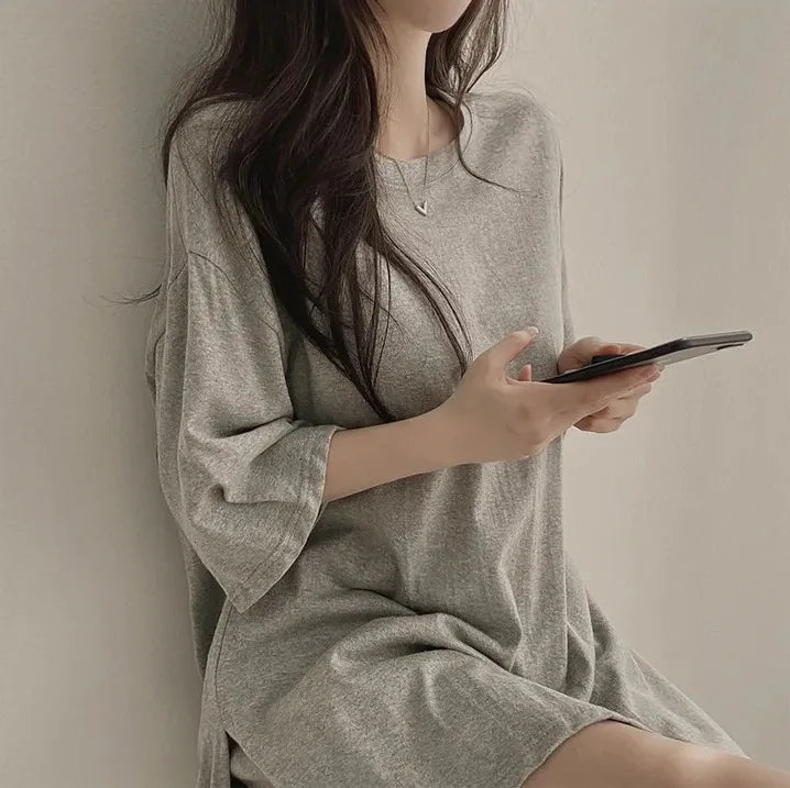 T-shirt for Women in Summer 2025 Slit Black Top Ins Pure Cotton Cotton Mother Simple Loose Long Short Sleeve High Elastic