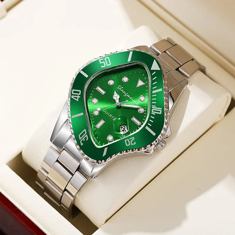 New Watch for Men Unusual Conceptual Crash Melting Twist Shaped Case Quartz Wristwatch Male Man Rhombic Green Clock Reloj Hombre