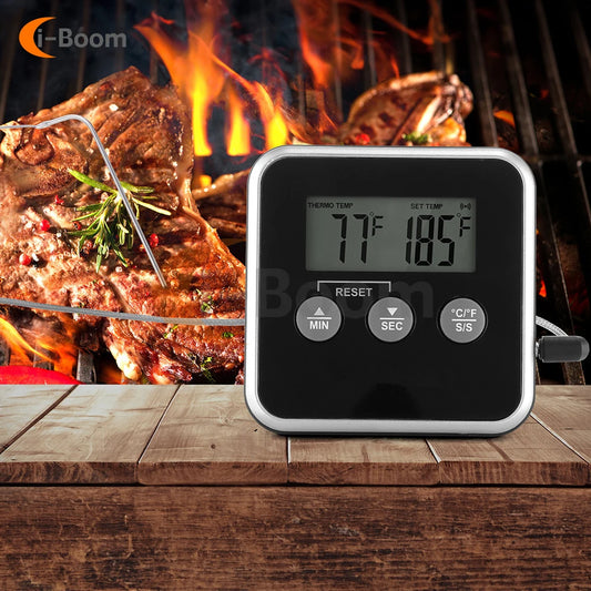 LED Digital Thermometer with Waterproof Probe BBQ Oven Temperature Inspection Instrument Timer High Temperature Alarm