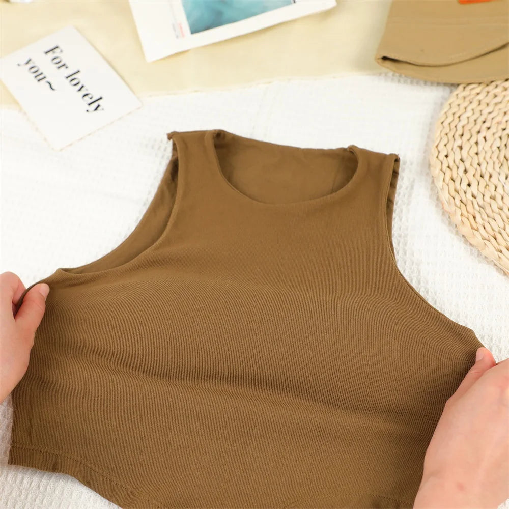 Summer Women Tank Tops Solid Color Camisole with padded Bra sexy Off Shoulder O Neck Elastic Tank Top Casual Sport Vest